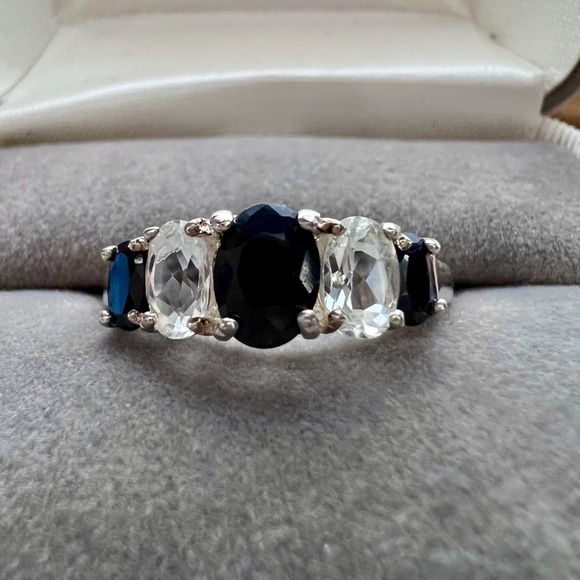 Vintage Genuine Sapphire Ring Solid 925 Sterling Silver Oval Cut Blue & White - Picture 4 of 17